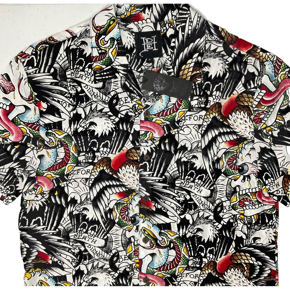 Ed Hardy Shirt Sz M Button Up Camp AOP Battle Skull Snake Eagle Y2K Punk NWT